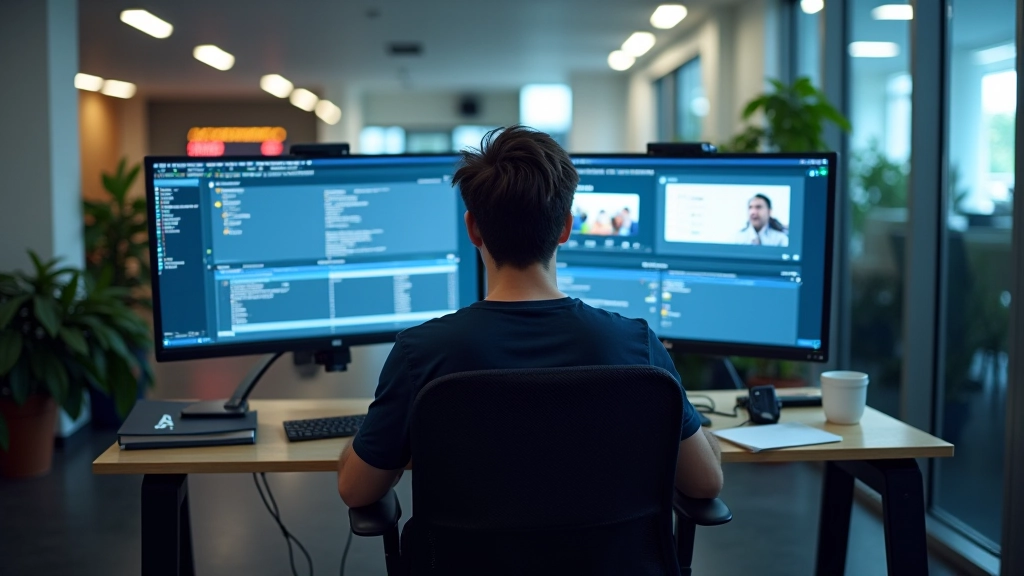 Designer working with accessibility testing tools on dual monitors in modern office